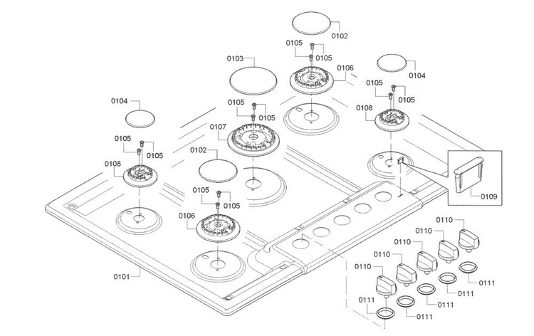 Burner Asy Diagram and Parts List for NGM8065UC 02 Bosch Cooktop