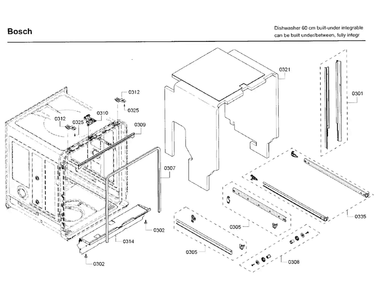 Frame Parts Diagram and Parts List for SHV68TL3UC 01 Bosch Dishwasher