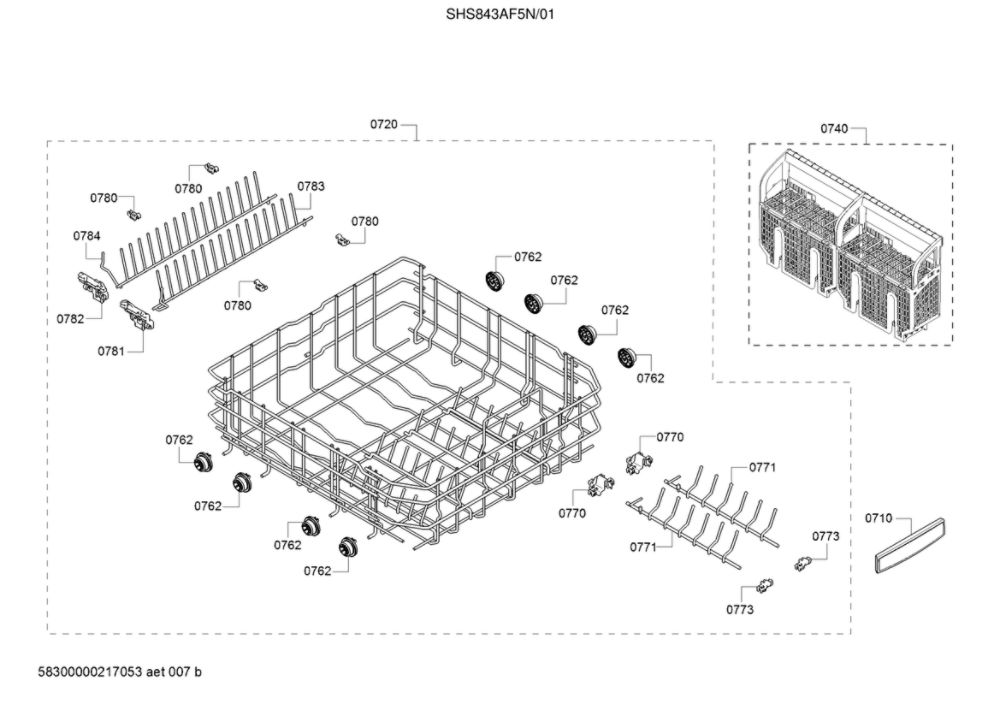 Lower Racks Diagram and Parts List for SHS843AF5N 01 Bosch Dishwasher