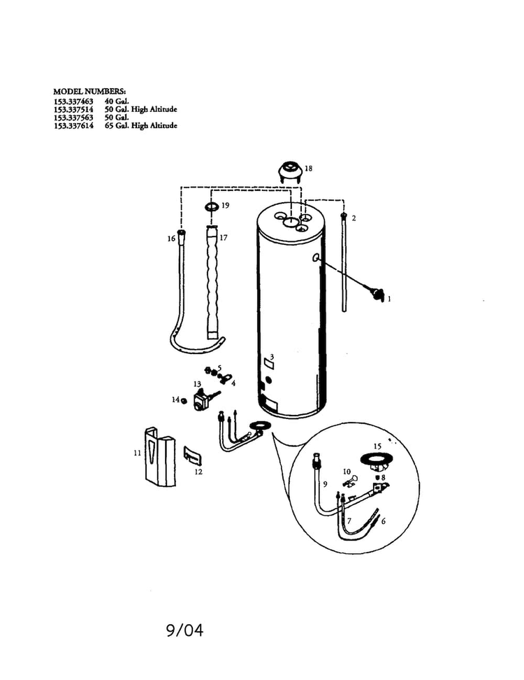 Gas Water Heater Diagram and Parts List for 153337563  Kenmore Water Heater