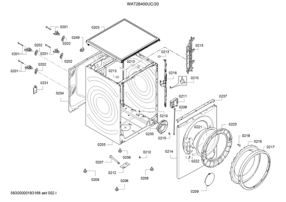Cabinet Parts Diagram and Parts List for WAT28400UC 20 Bosch Washer
