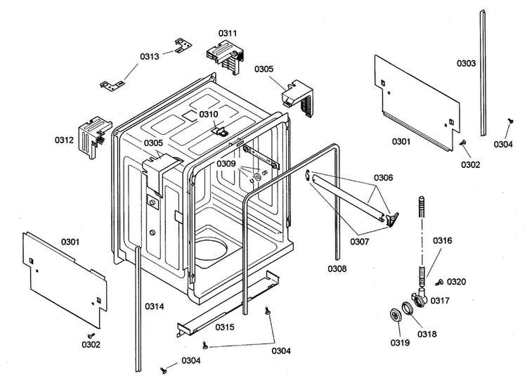 Cabinet Diagram and Parts List for SHE44C07UC 36 Bosch Dishwasher