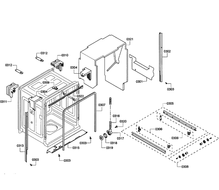 Cabinet Diagram and Parts List for SHE43P15UC 64 Bosch Dishwasher