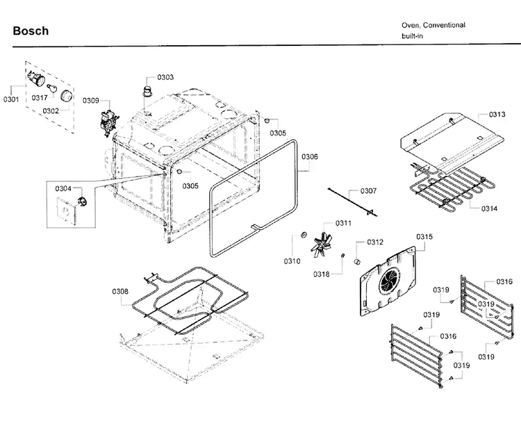 Inner Parts Diagram and Parts List for HBL3450UC 10 Bosch Wall Oven