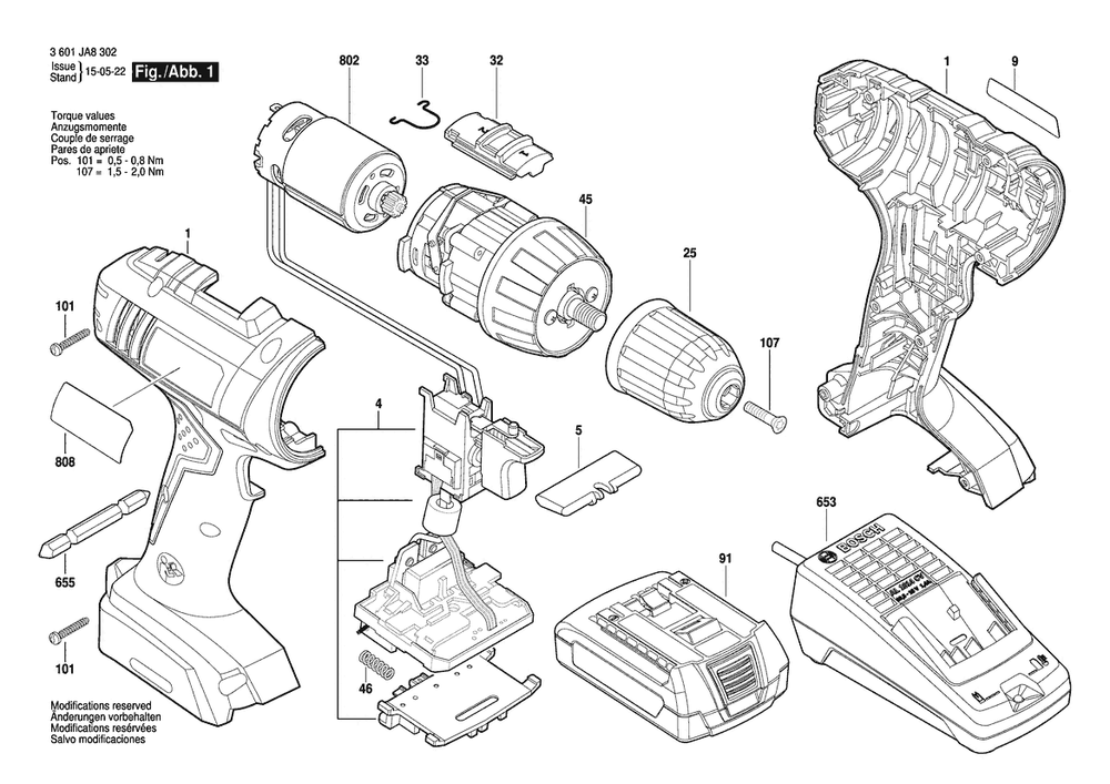 Section 1 Diagram and Parts List for 3601JA8302  Bosch Cordless Drill
