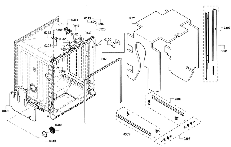 Frame Diagram and Parts List for SHE3ARF5UC 12 Bosch Dishwasher