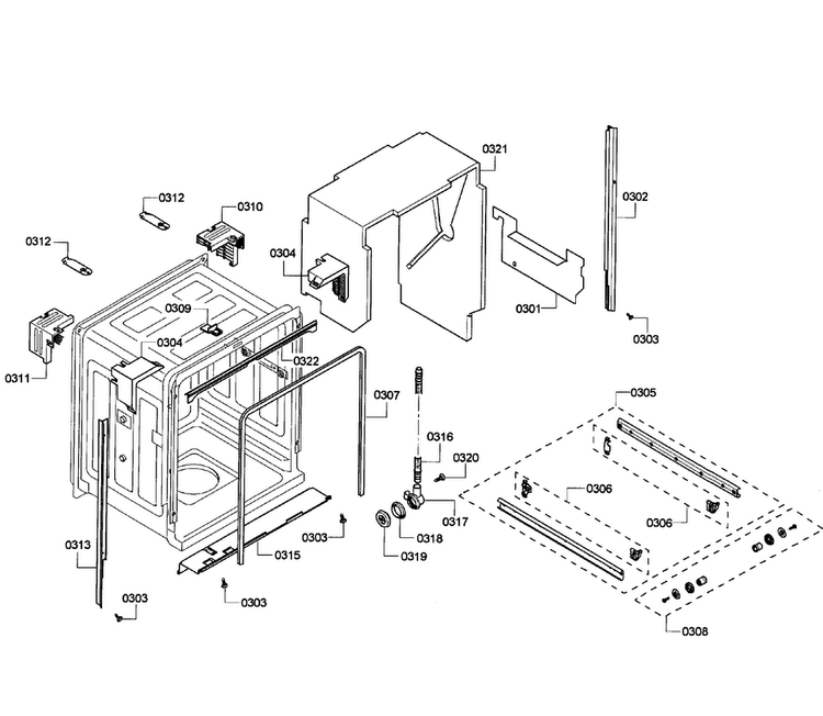 Cabinet Diagram and Parts List for SHE43P06UC 61 Bosch Dishwasher