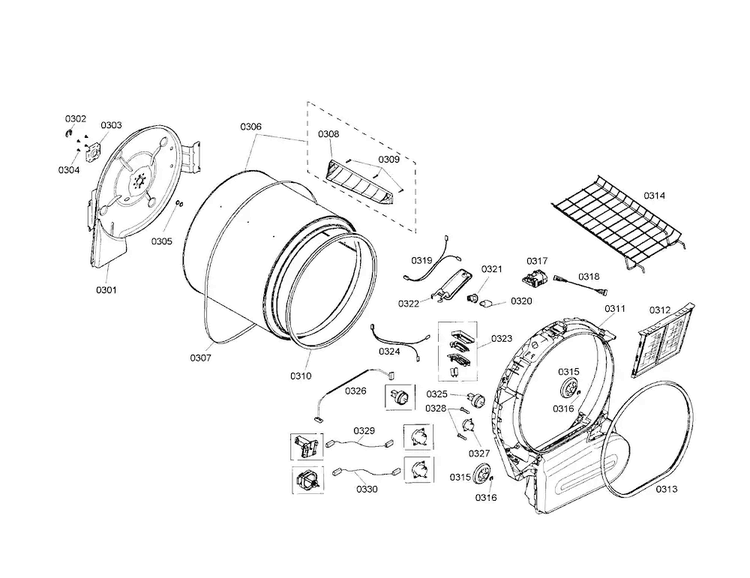 Drum Diagram and Parts List for WTMC6321US 03 Bosch Dryer