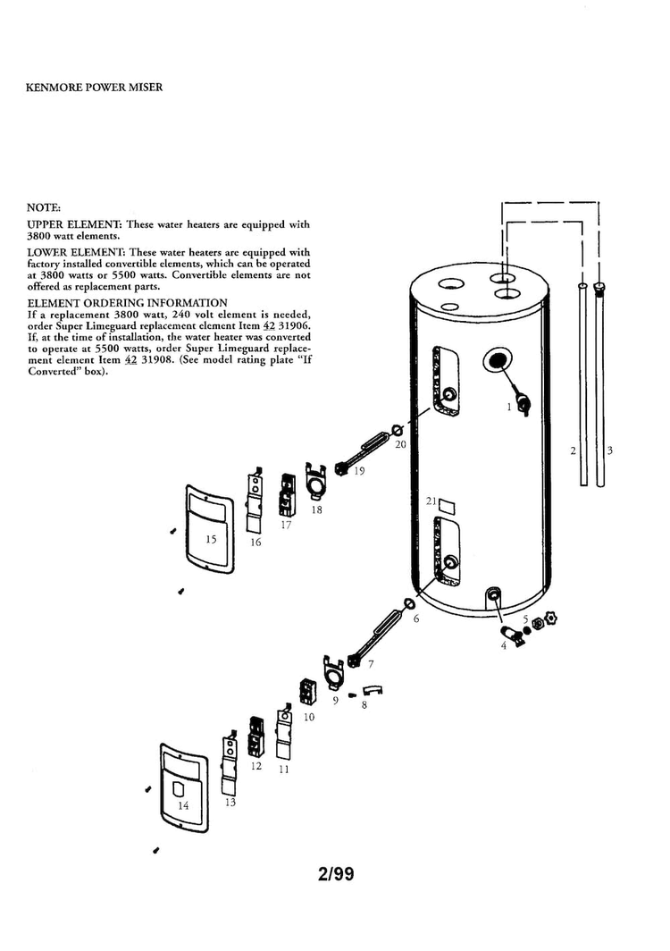 Kenmore Power Miser 30 Gal. Short Diagram and Parts List for 153316153  Kenmore Water Heater