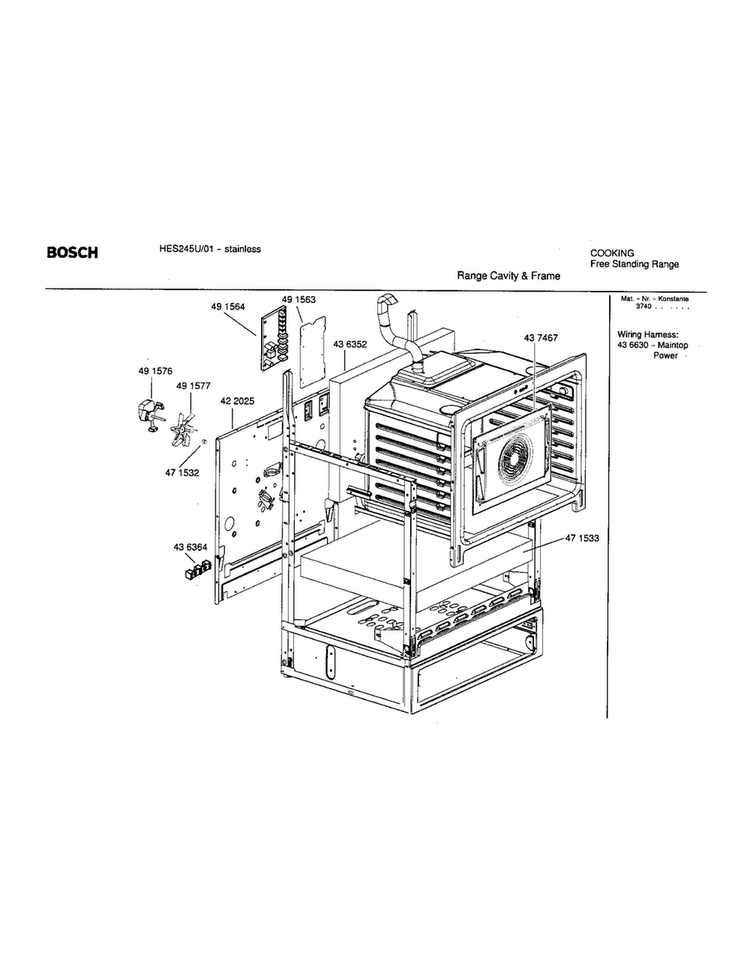 Range Cavity And Frame Diagram and Parts List for HES245U 01 Bosch Range