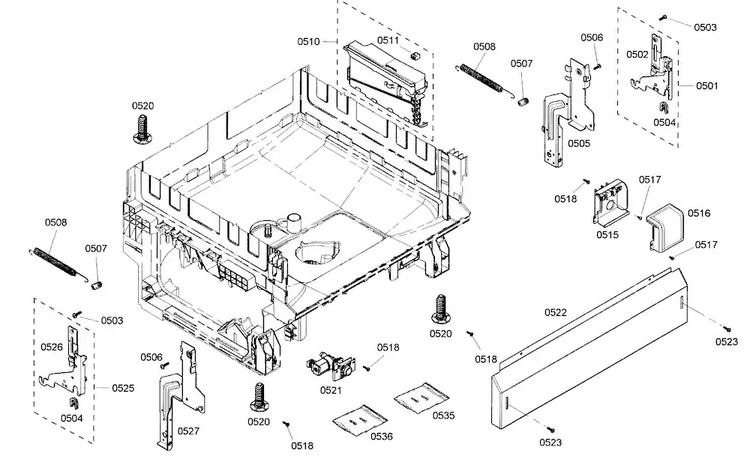 Base Assy Diagram and Parts List for SHE4AM16UC 01 Bosch Dishwasher
