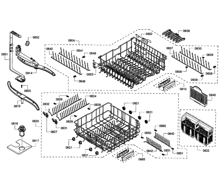 Baskets Diagram and Parts List for SHE55M16UC 60 Bosch Dishwasher