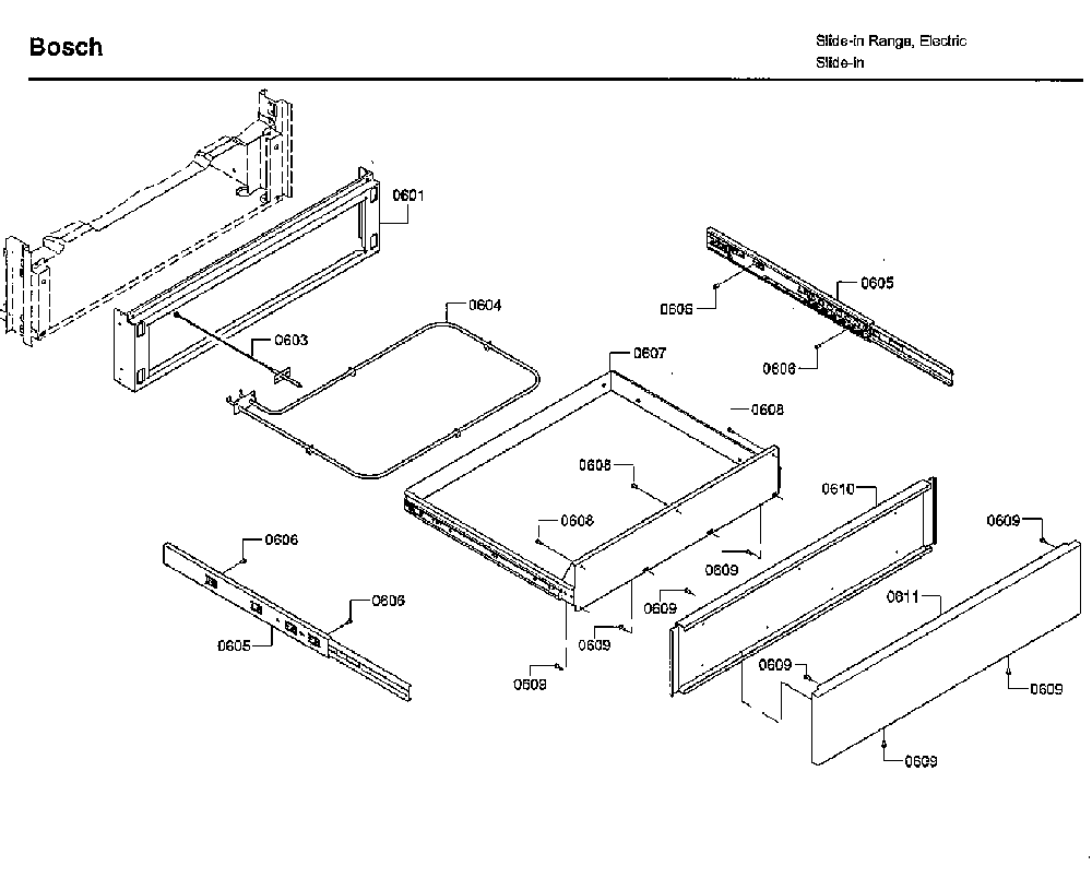 Drawer Diagram and Parts List for HIIP054U 05 Bosch Range