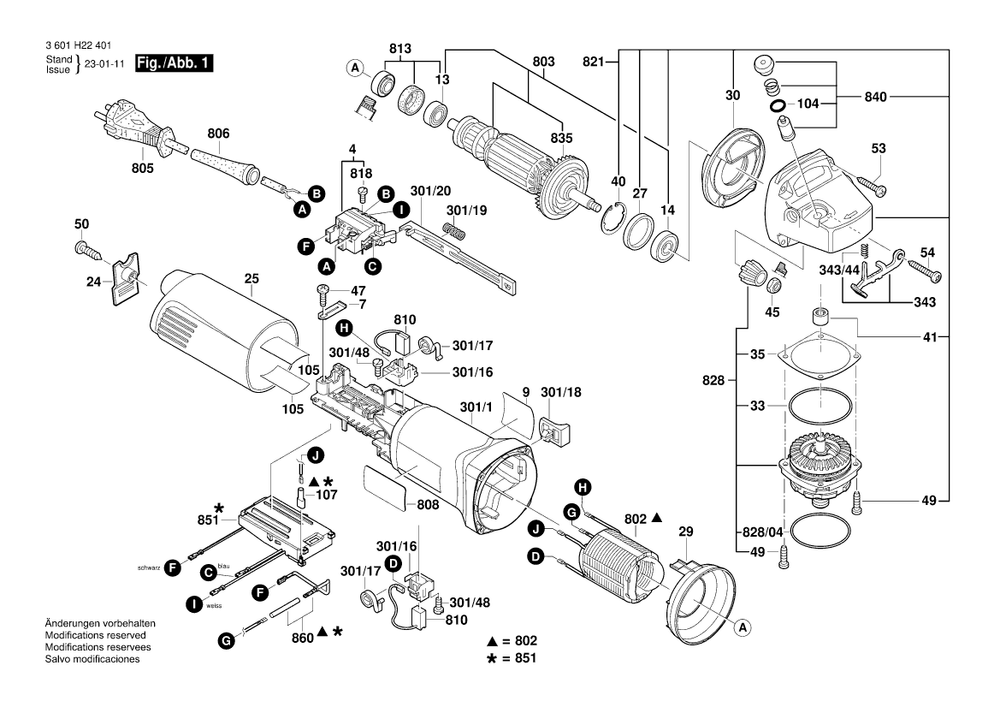 Diagram 1 Diagram and Parts List for GWS1100 3 601 H22 401 Bosch Angle Grinder
