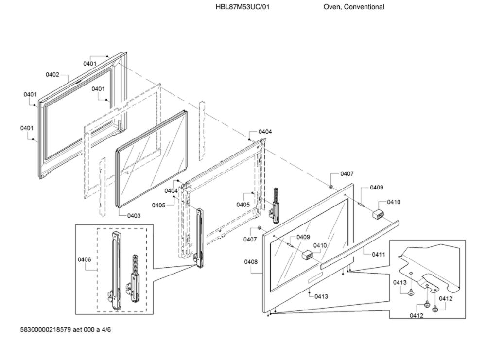 Door/Hinge Diagram and Parts List for HBL87M53UC 01 Bosch Wall Oven