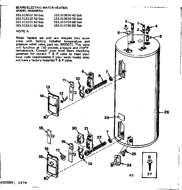 Replacement Parts Diagram and Parts List for 153313113  Kenmore Water Heater