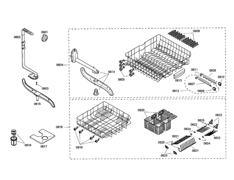 Upper/lower Rack Diagram and Parts List for SHE47C02UC 18 Bosch Dishwasher
