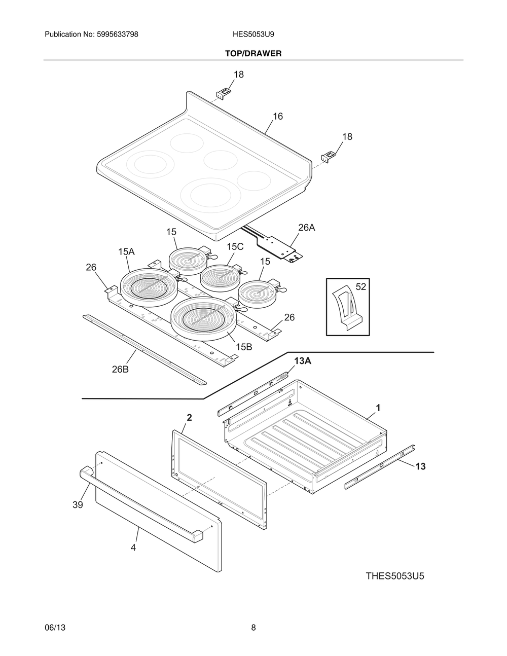 Top/Drawer Diagram and Parts List for HES5053U9  Bosch Range