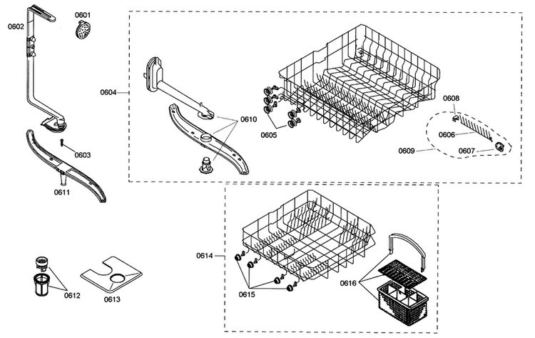 Baskets Diagram and Parts List for SHE42L15UC 40 Bosch Dishwasher