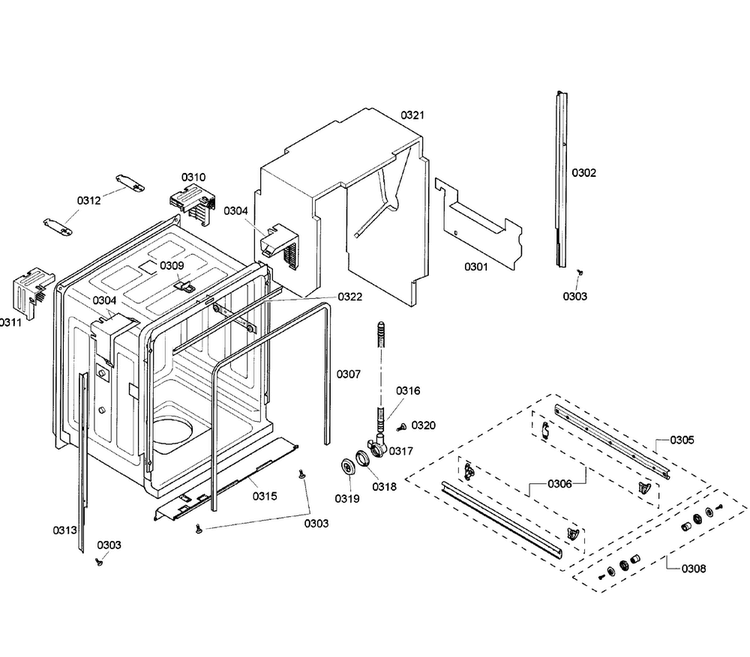 Cabinet Diagram and Parts List for SHX65P06UC 59 Bosch Dishwasher