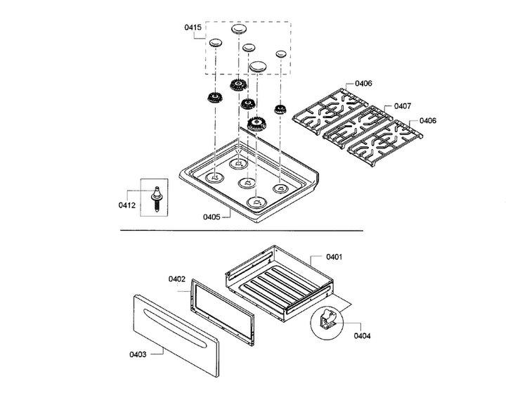 Burner & Drawer Assy Diagram and Parts List for HGS3063UC 03 Bosch Range