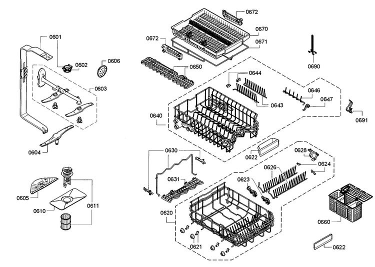 Rack Diagram and Parts List for SPX68U55UC 23 Bosch Dishwasher