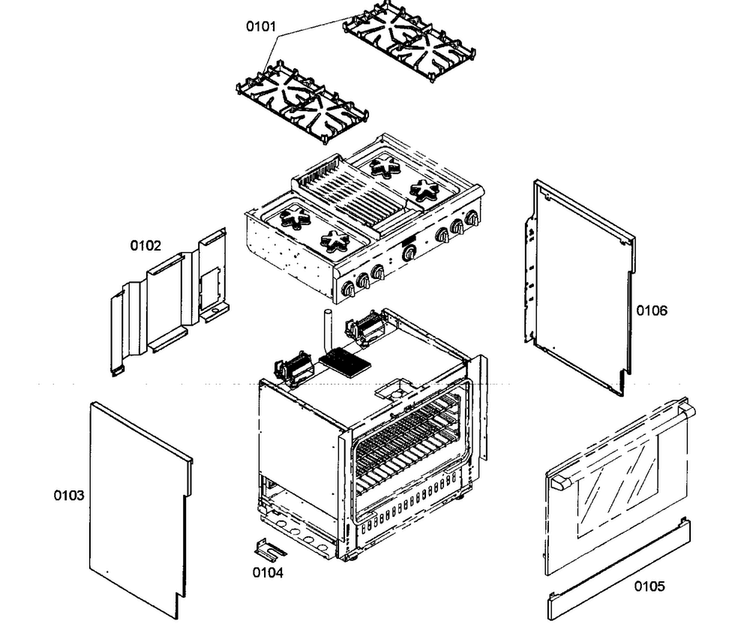 Cabinet Parts Diagram and Parts List for PRD364ELHC02  Thermador Range