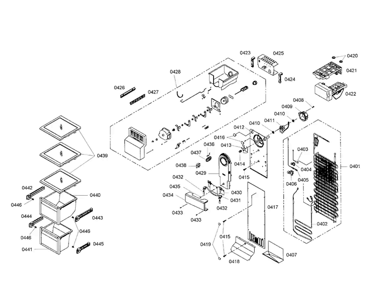 Evaporator/icemaker Diagram and Parts List for B20CS51SNS 01 Bosch Refrigerator