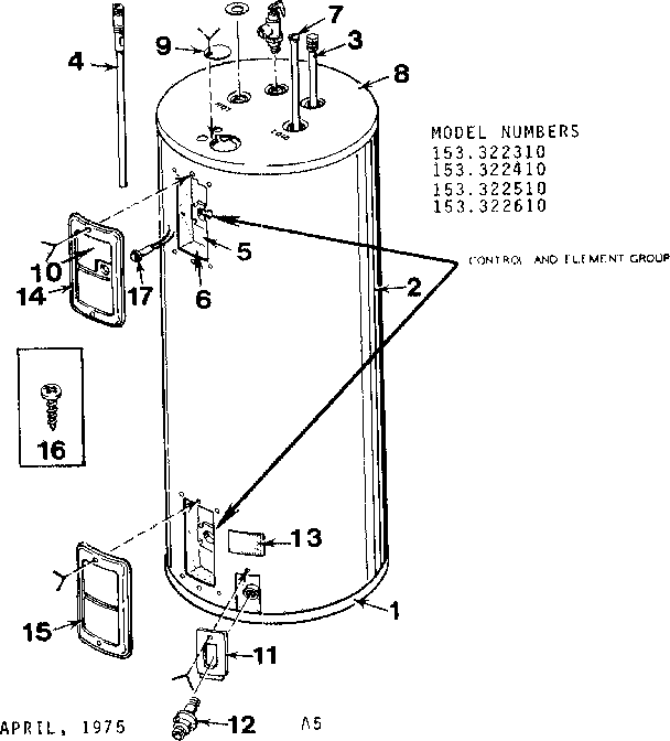 Non-functional Replacement Parts Diagram and Parts List for 153322610  Kenmore Water Heater