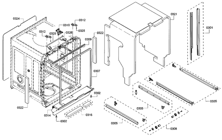 Base & Frame Diagram and Parts List for SHE8PT55UC 05 Bosch Dishwasher