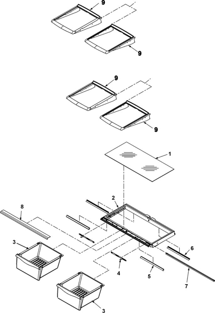 Refrigerator Shelves And Crisper Assembly Diagram and Parts List for RY4951  Gaggenau Refrigerator
