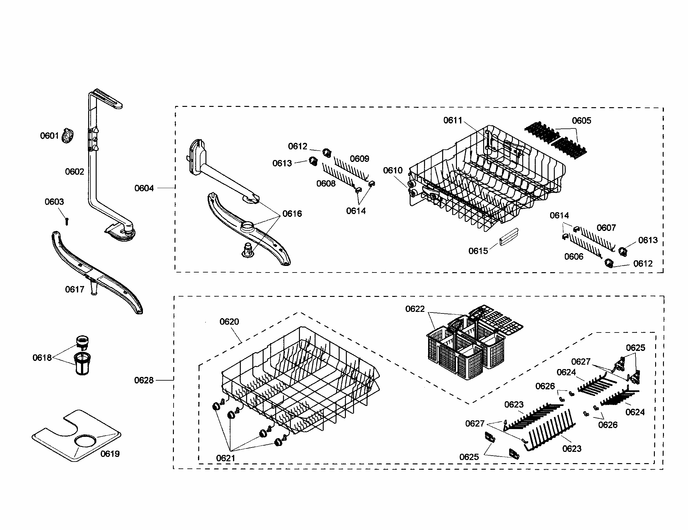 Racks/spray Arm Diagram and Parts List for S35KMK17UC 43 Bosch Dishwasher