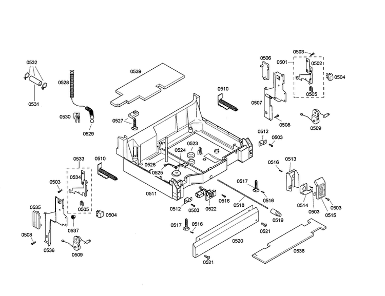 Base Diagram and Parts List for SHE47C06UC 21 Bosch Dishwasher