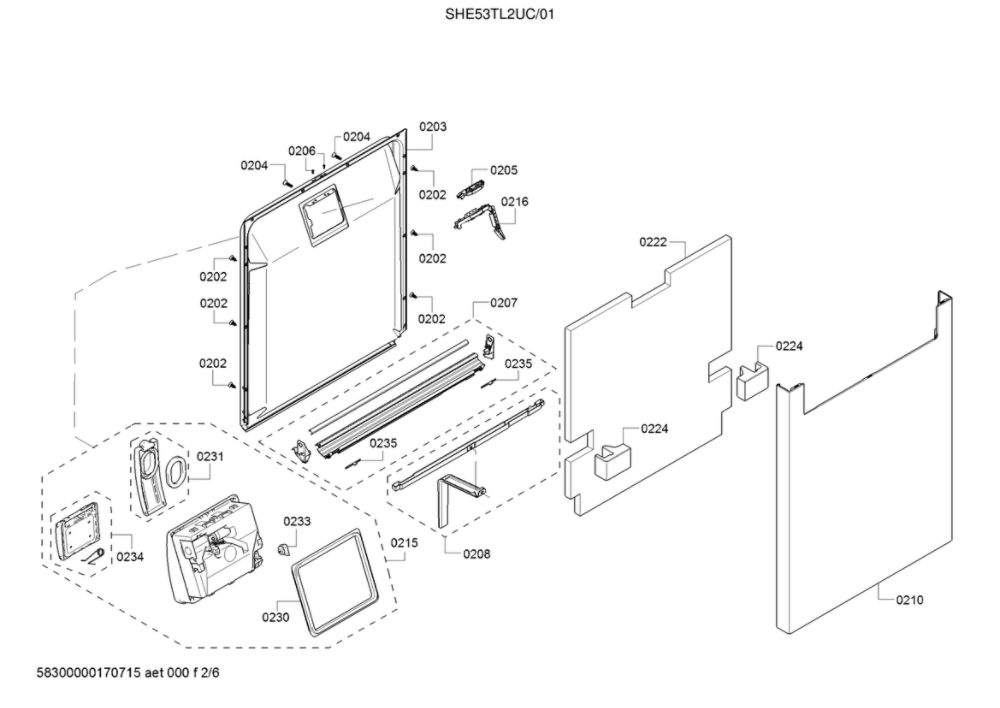 Door/Dispenser Diagram and Parts List for SHE53TL2UC 01 Bosch Dishwasher