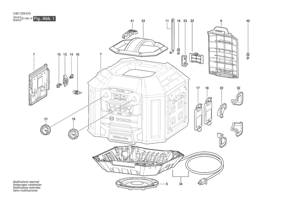 Section 1 Diagram and Parts List for PB360DCA 3601D29611 Bosch Radio