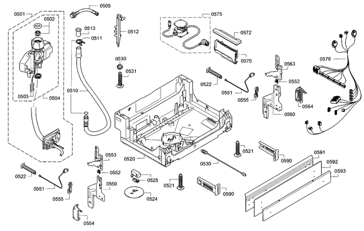 Base Diagram and Parts List for SGE68U55UC A3 Bosch Dishwasher