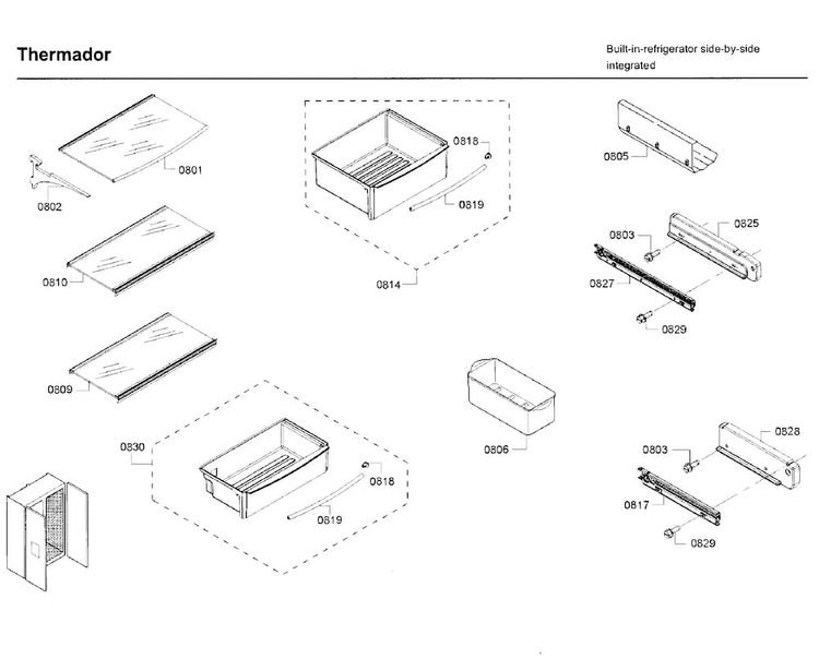 Drawer & Shelf Asy Diagram and Parts List for T42BD820NS 10 Thermador Refrigerator
