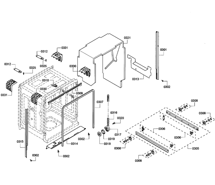 Cabinet Diagram and Parts List for SHE68R55UC 67 Bosch Dishwasher