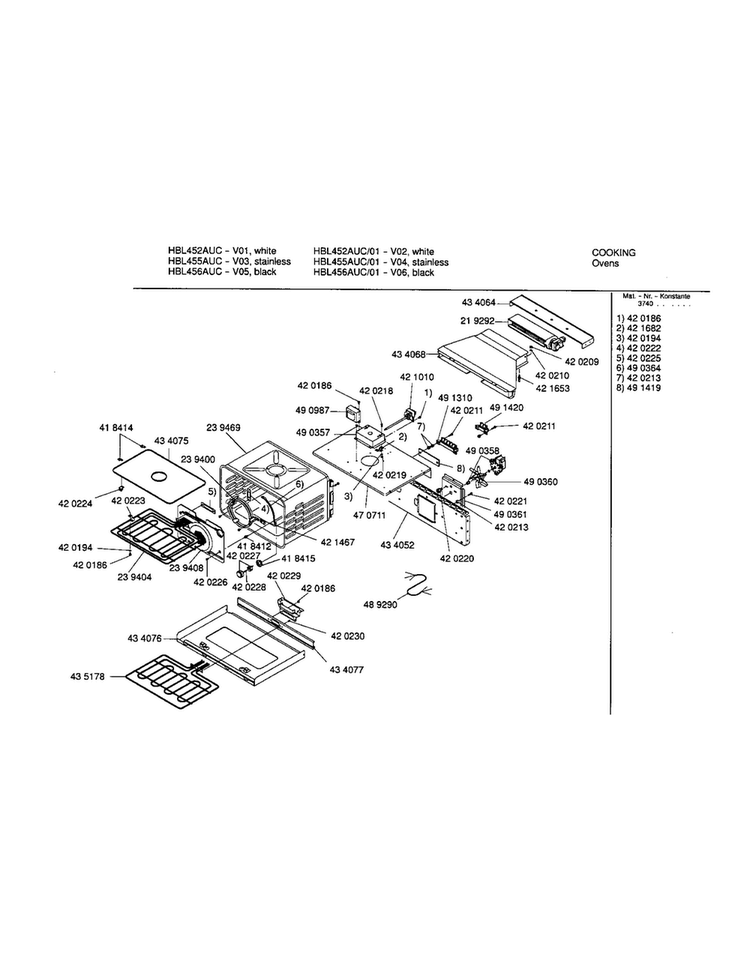 Upper Cavity Diagram and Parts List for HBL452AUC 01 Bosch Wall Oven