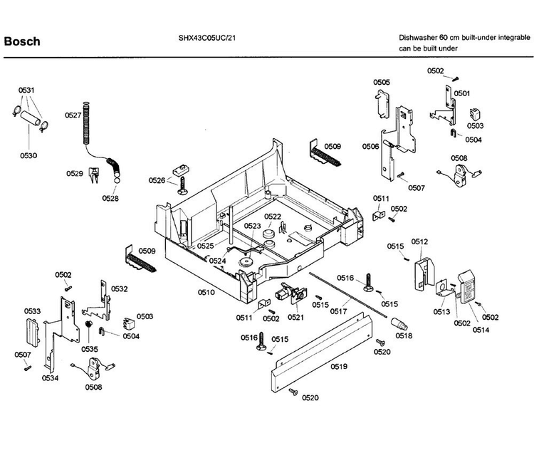 Base Diagram and Parts List for SHX43C05UC 21 Bosch Dishwasher