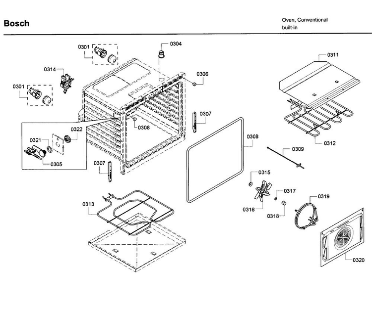 Inner Parts Diagram and Parts List for HBN8451UC 02 Bosch Wall Oven