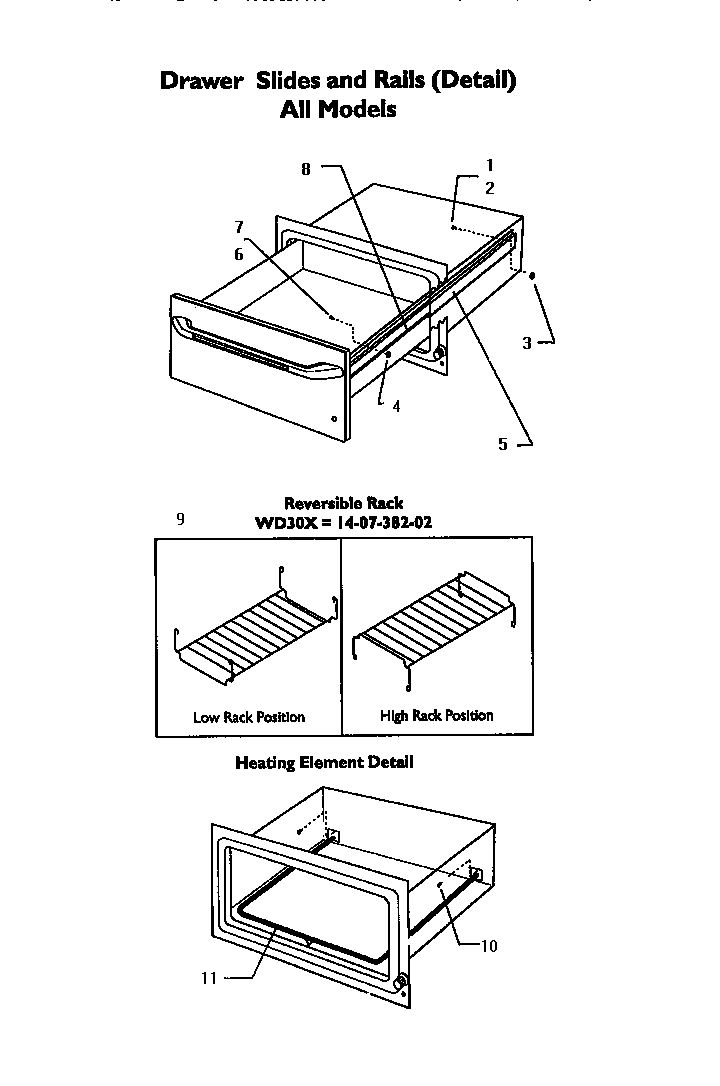 Drawer Slides And Rails Diagram and Parts List for WD30XP  Thermador Warming Drawer