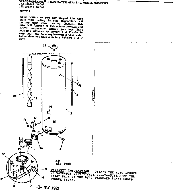 Replacement Parts Diagram and Parts List for 153331341  Kenmore Water Heater