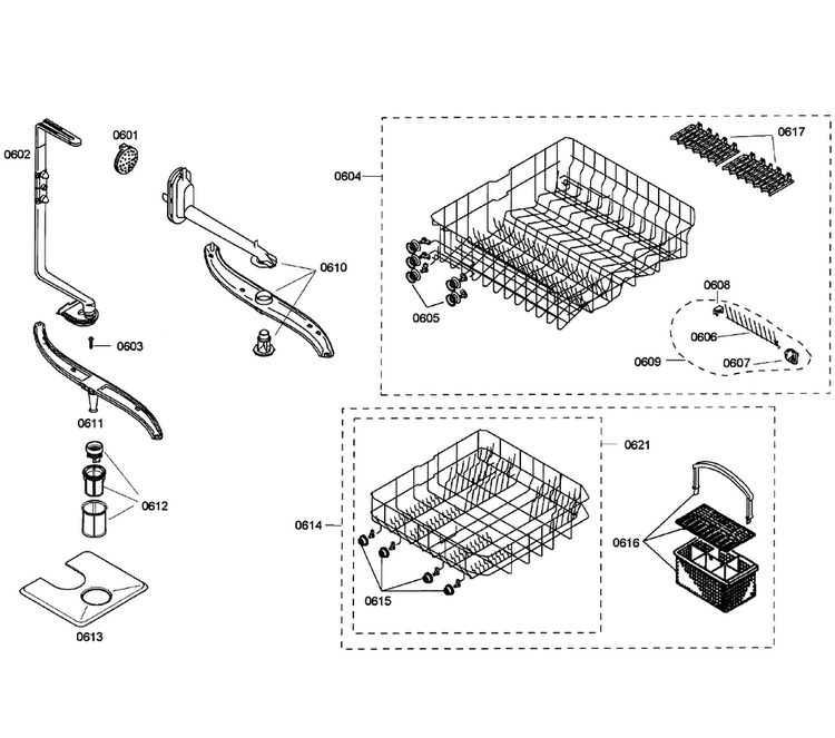 Baskets Diagram and Parts List for SHX43M05UC 52 Bosch Dishwasher