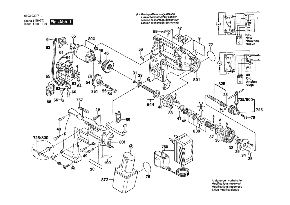 Section 1 Diagram and Parts List for 72VCOM 0603932734 Bosch Screwdriver