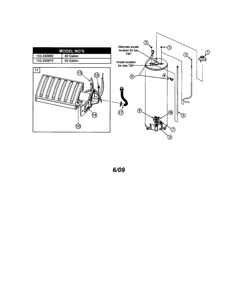 Water Heater-50 Gallon Diagram and Parts List for 153330970  Kenmore Water Heater