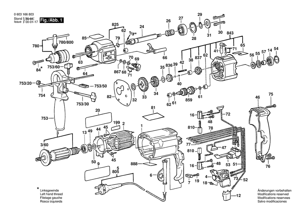 Section 1 Diagram and Parts List for CSB680-2RE 0603166803 Bosch Hammer Drill
