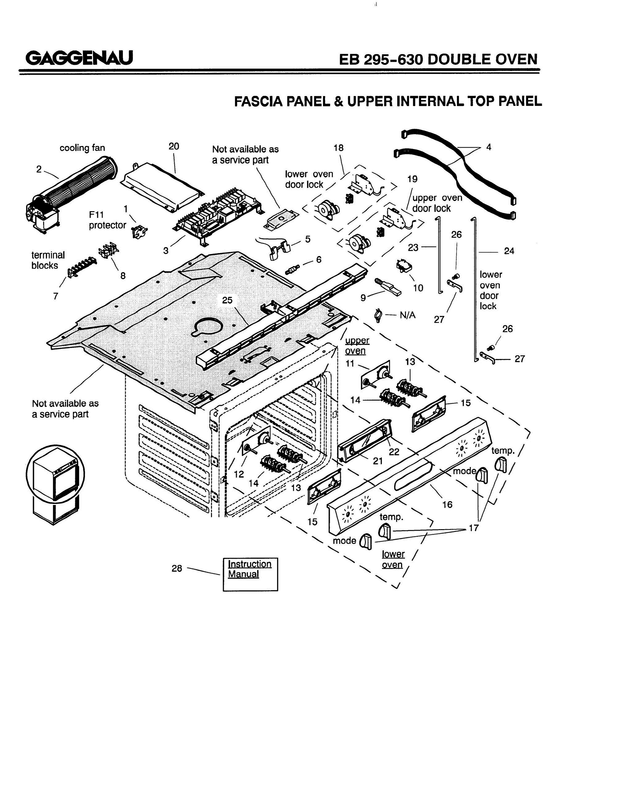 01 - FASCIA PANEL & UPPER INTERNAL TOP PANEL Diagram and Parts List for EB295-630  Bosch Range