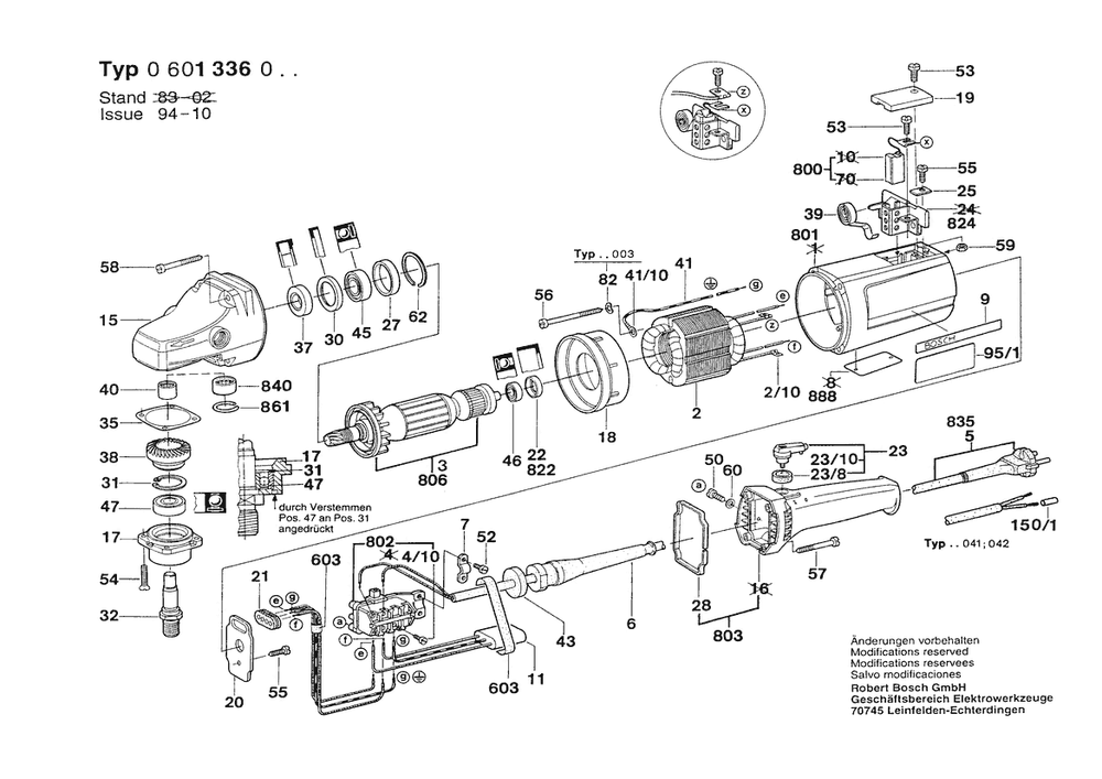 Section 1 Diagram and Parts List for 1336 0601336039 Bosch Angle Grinder