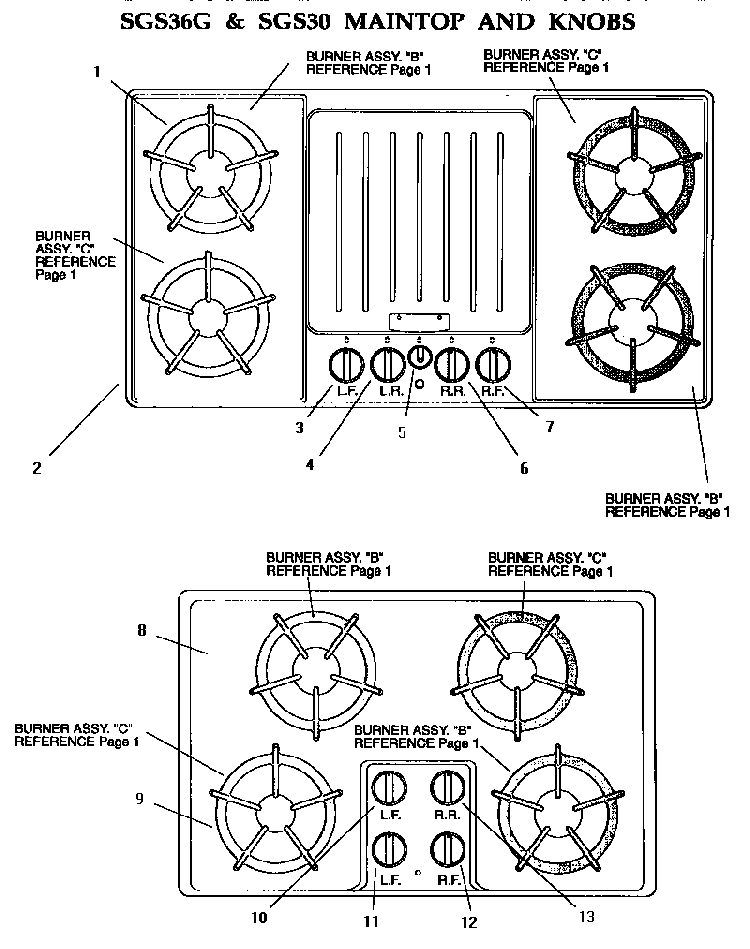 Maintop & Knobs Diagram and Parts List for SGSCV36GS  Thermador Cooktop